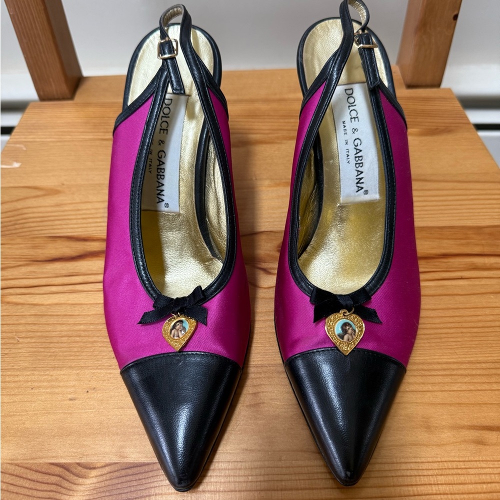 Dolce & Gabbana Pink and Black Slingback Heels with Gold Detail